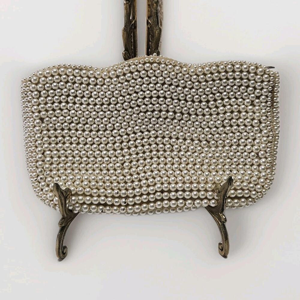 Vintage 1950s Beaded Clutch Wallet Purse Beige Faux Pearl Beads Formal Wedding